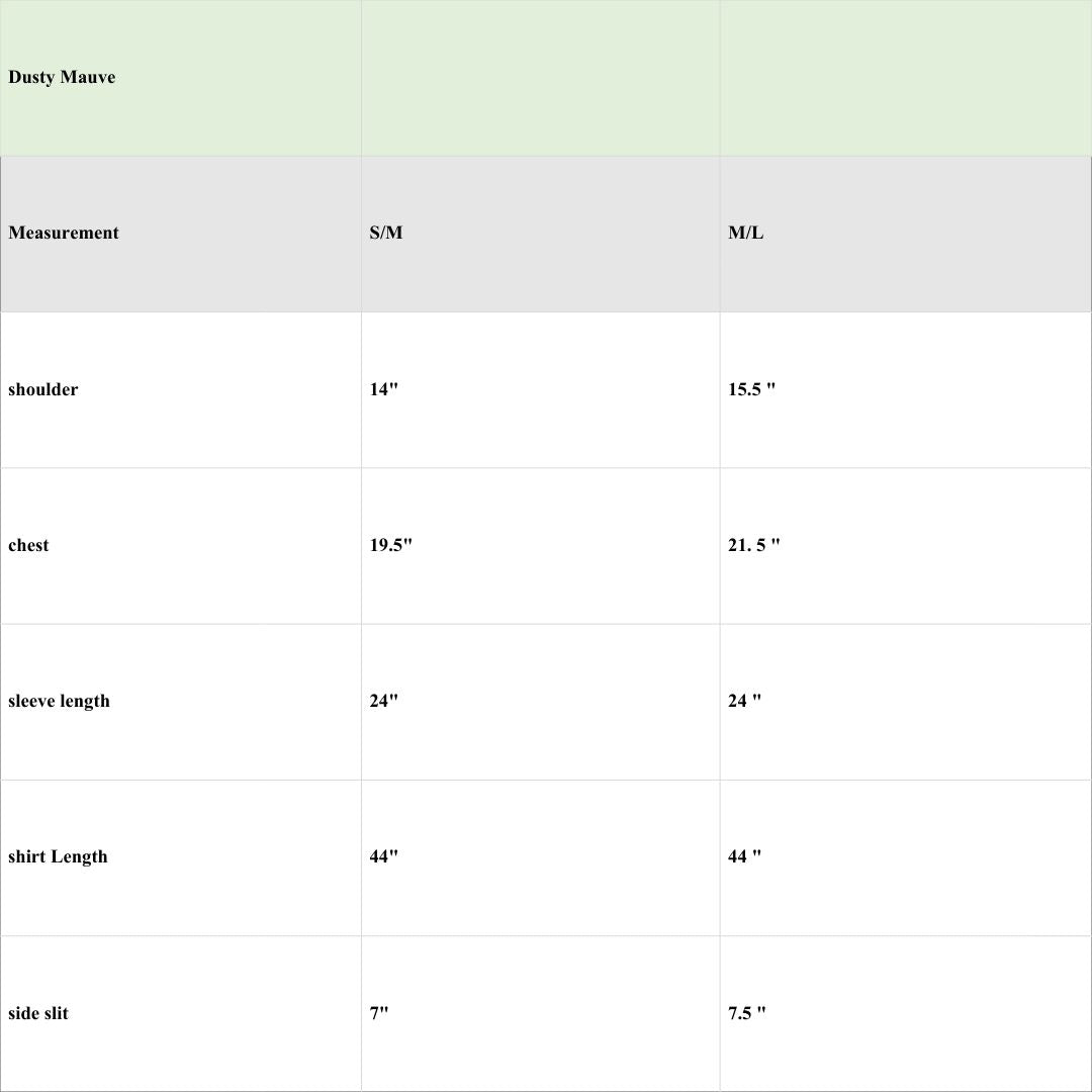 Size chart for Dusty Mauve