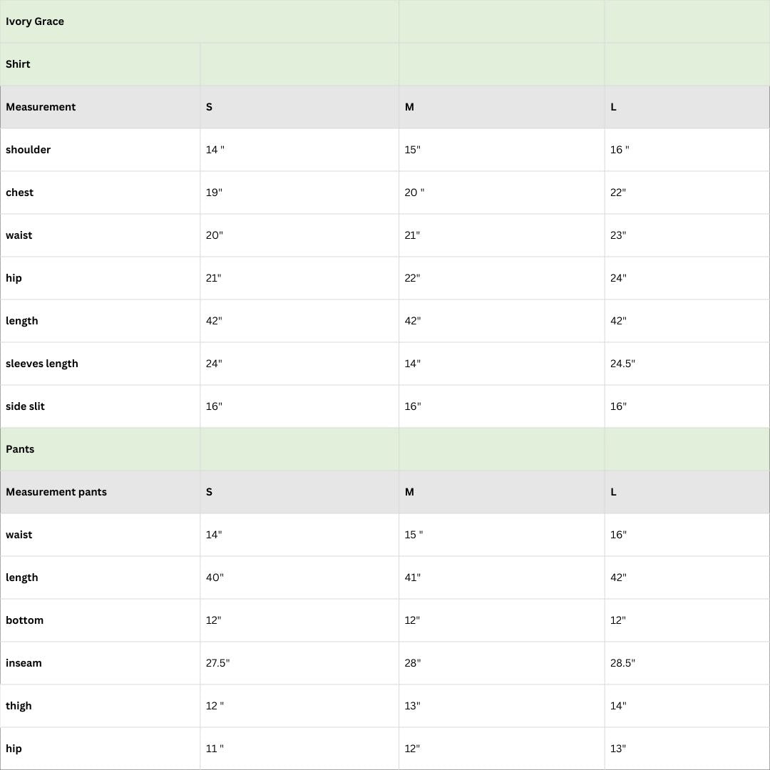 Size chart for Ivory Grace