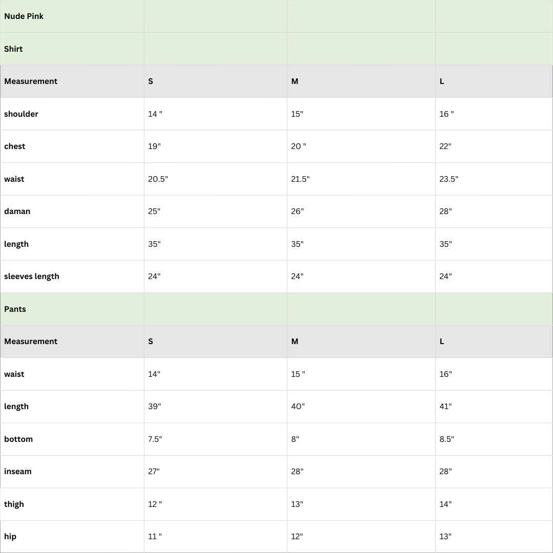 Size chart for Nude pink