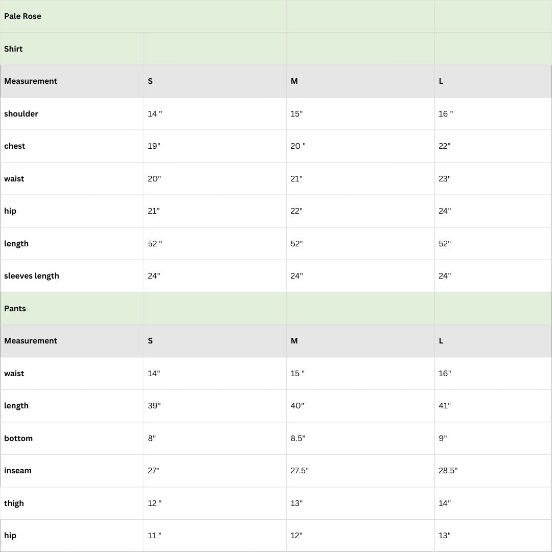Size chart for Pale Rose