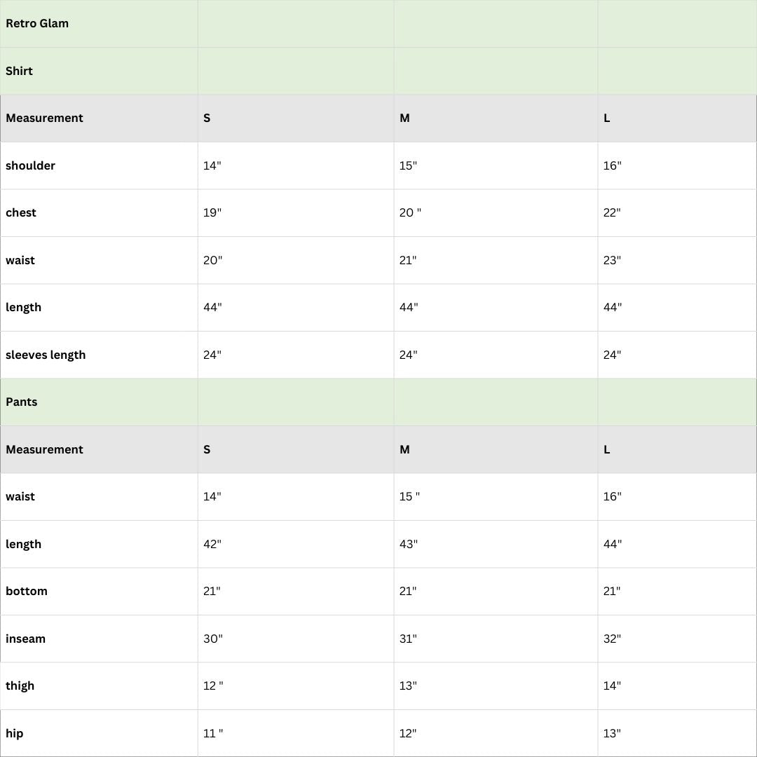 Size chart for Retro Glam