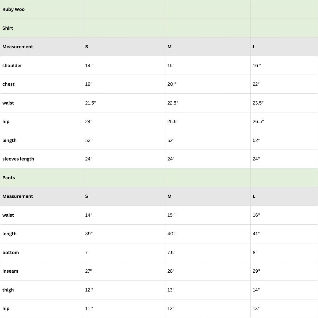 Size chart for Rubywoo