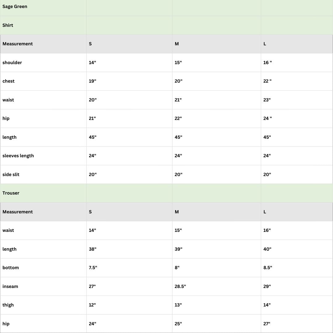 Size chart for Sage Green