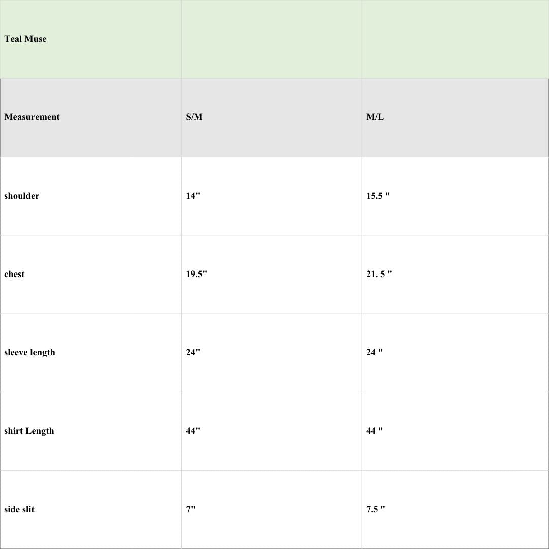 Size chart for Teal Muse