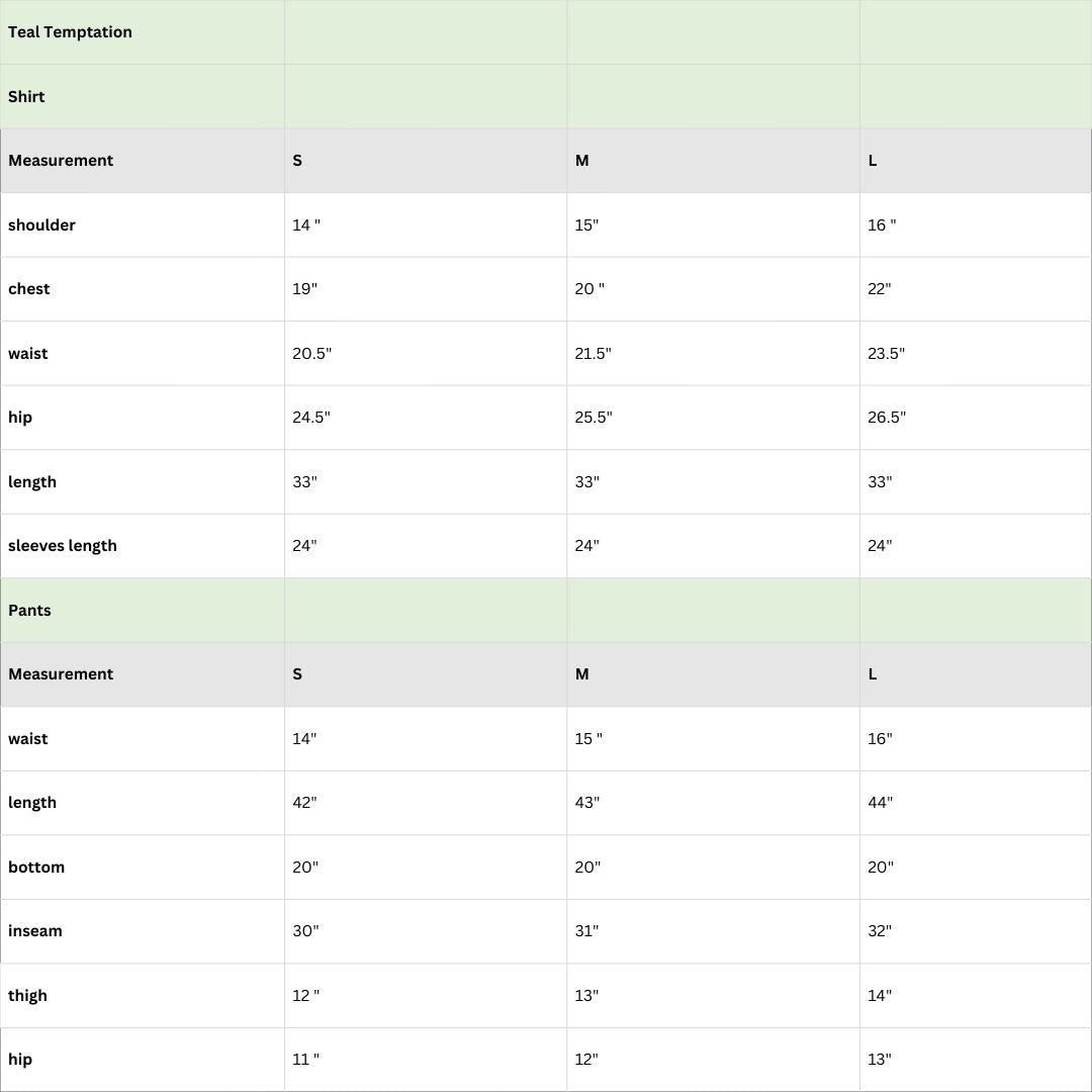 Size chart for Teal Temptation