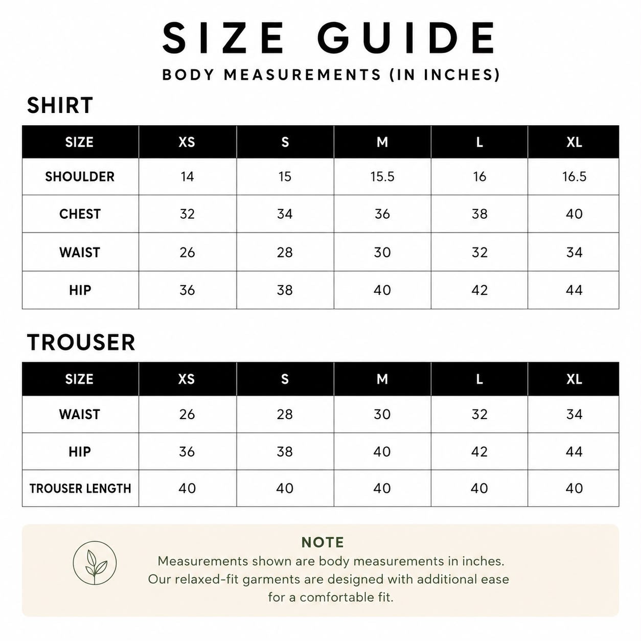 Size chart for Vanta 2 PC Co-ord