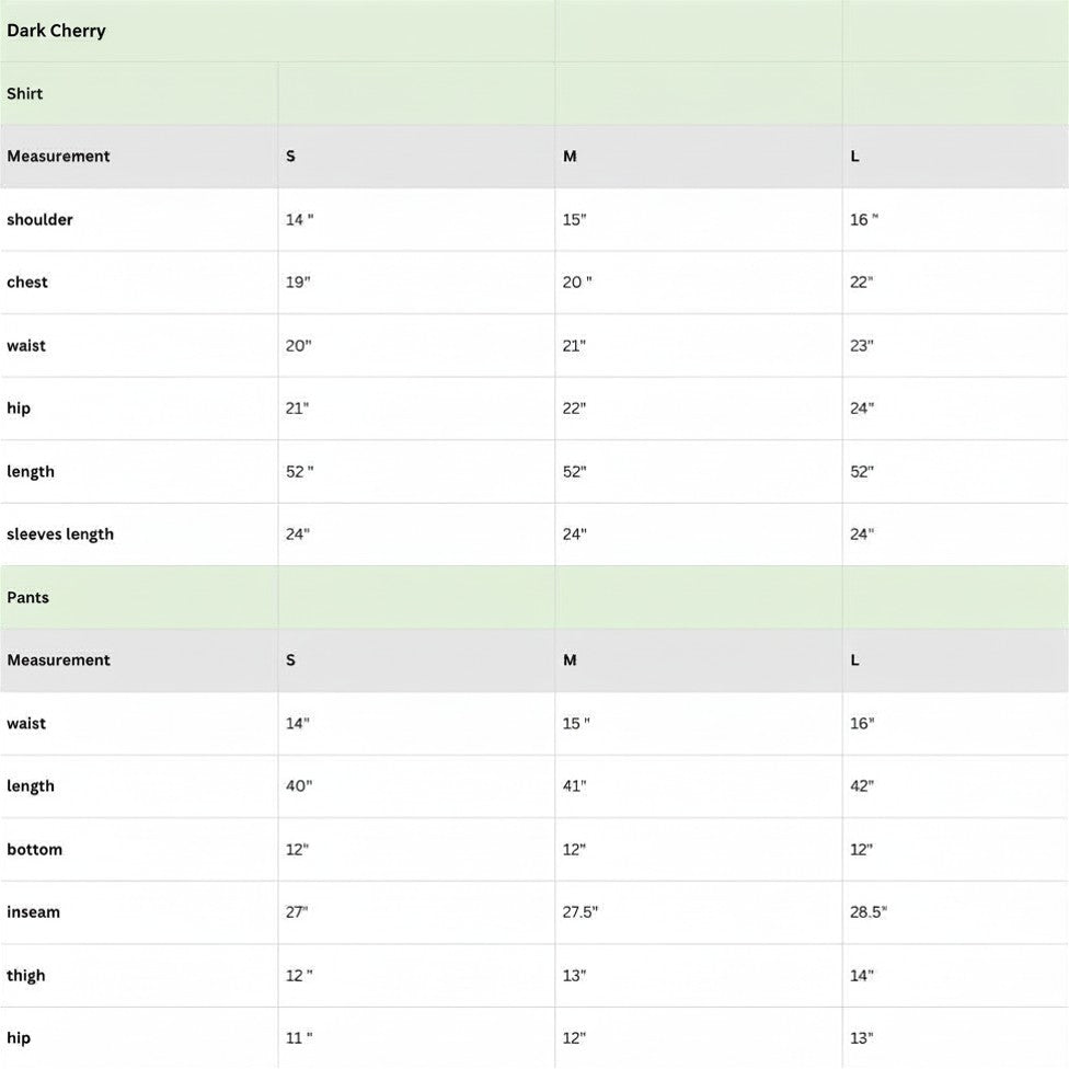 Size chart for Dark Cherry